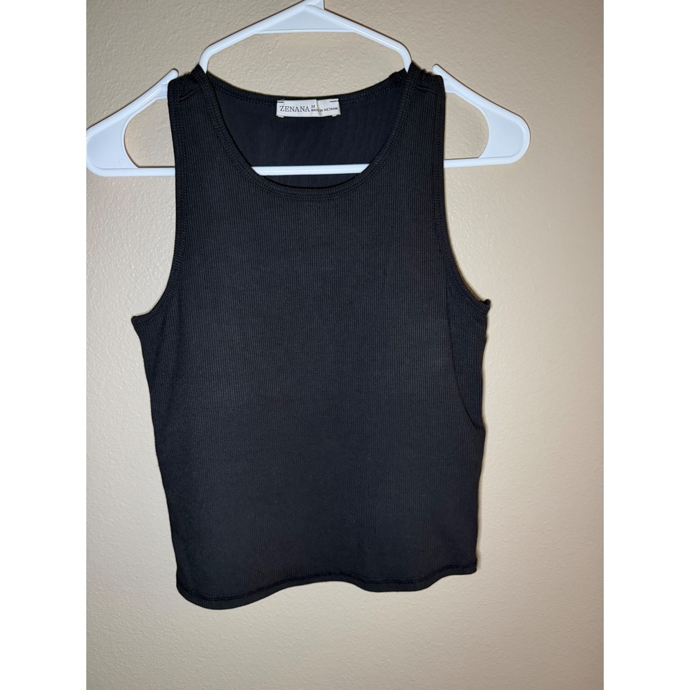Zenana Black Ribbed Tank Top Built-In Padded Shelf Bra Racerback RRT-8482 Medium
